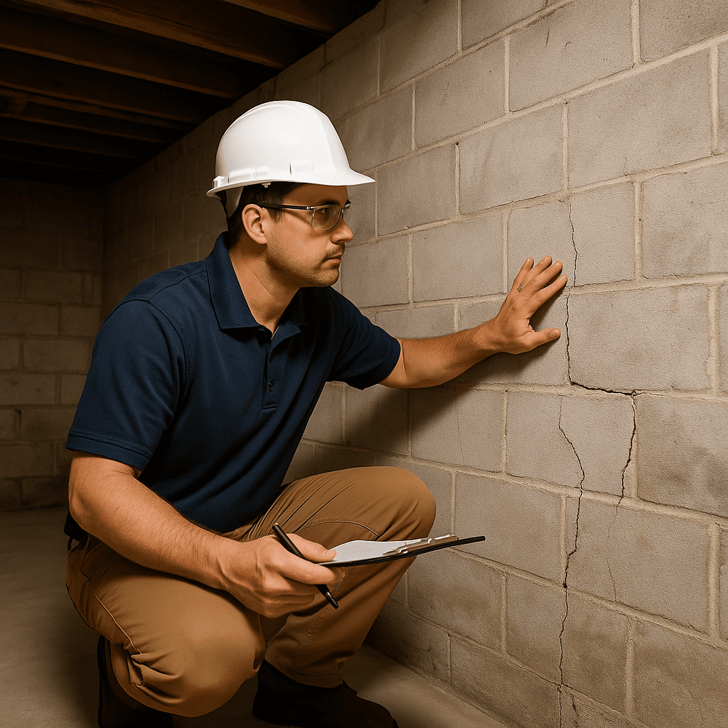 Contractor inspecting a bowed basement wall in need of repair