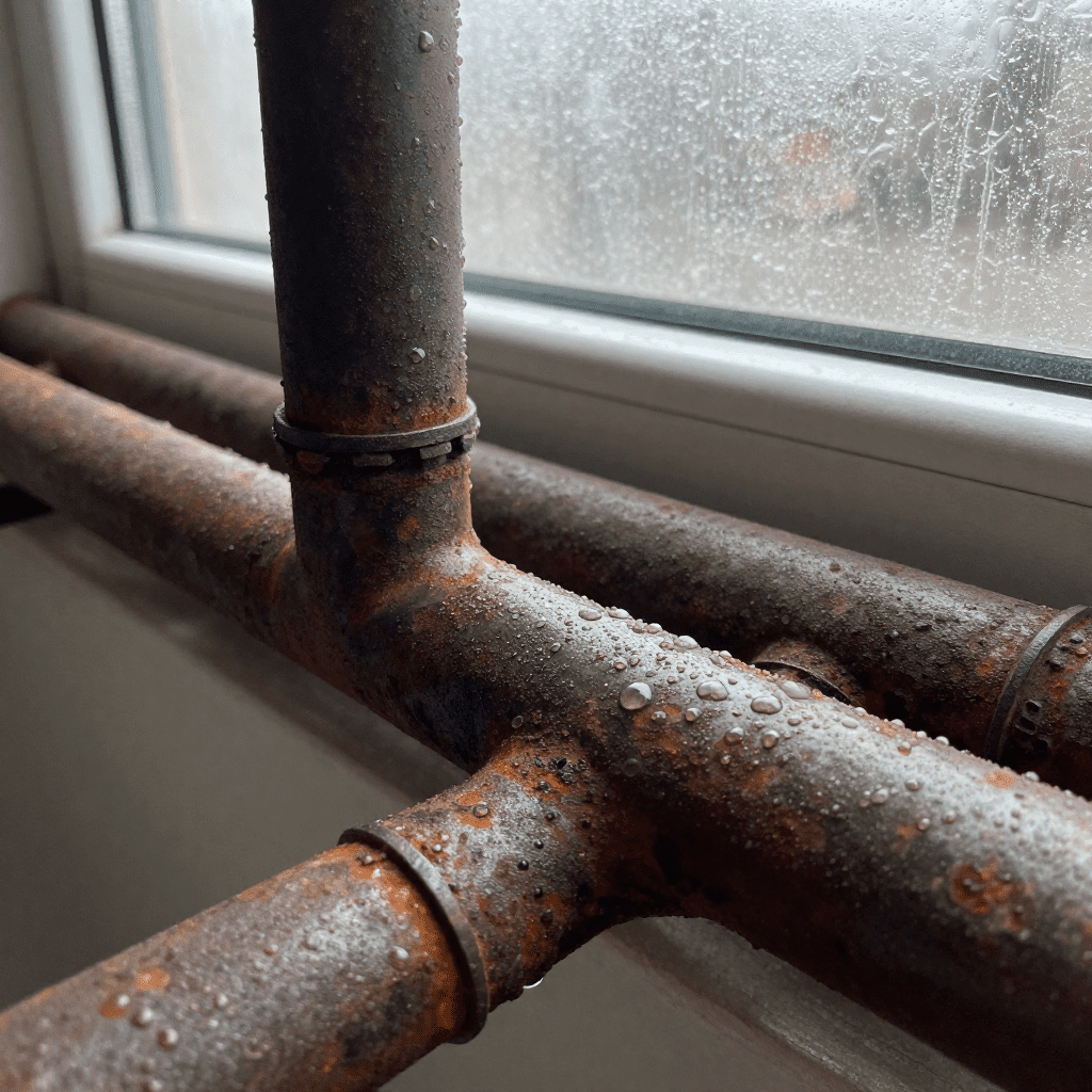 condensation on walls, pipes, or basement windows