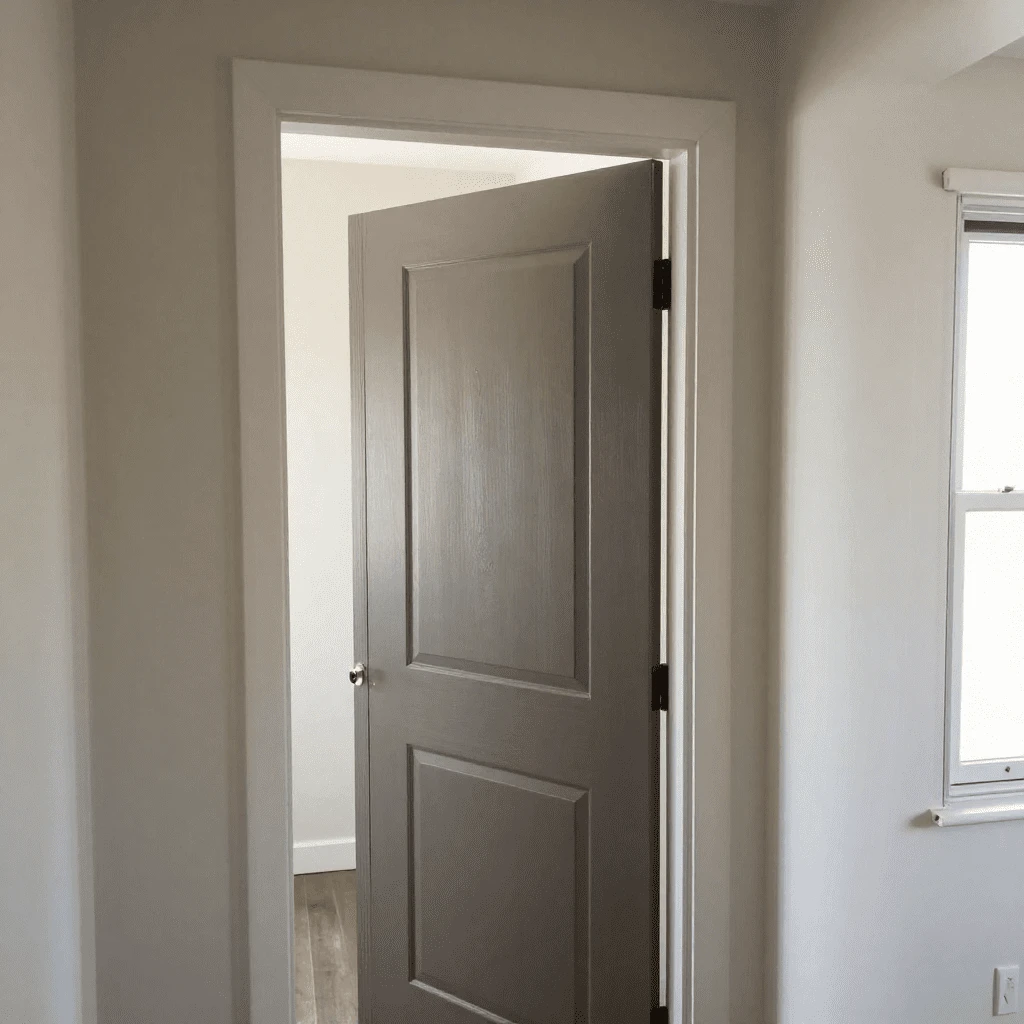 Gray interior door partially open, revealing a bright hallway with white trim and wood flooring, window to the right