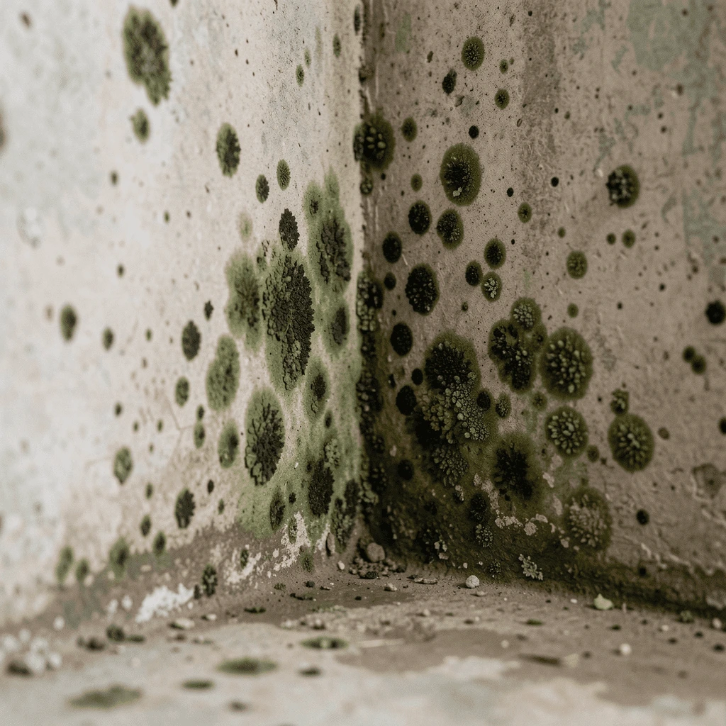 Corner of a concrete wall and floor covered with green mold patches in a damp area