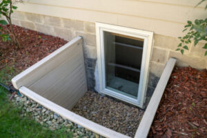 Exterior view of an egress window in a basement bedroom.